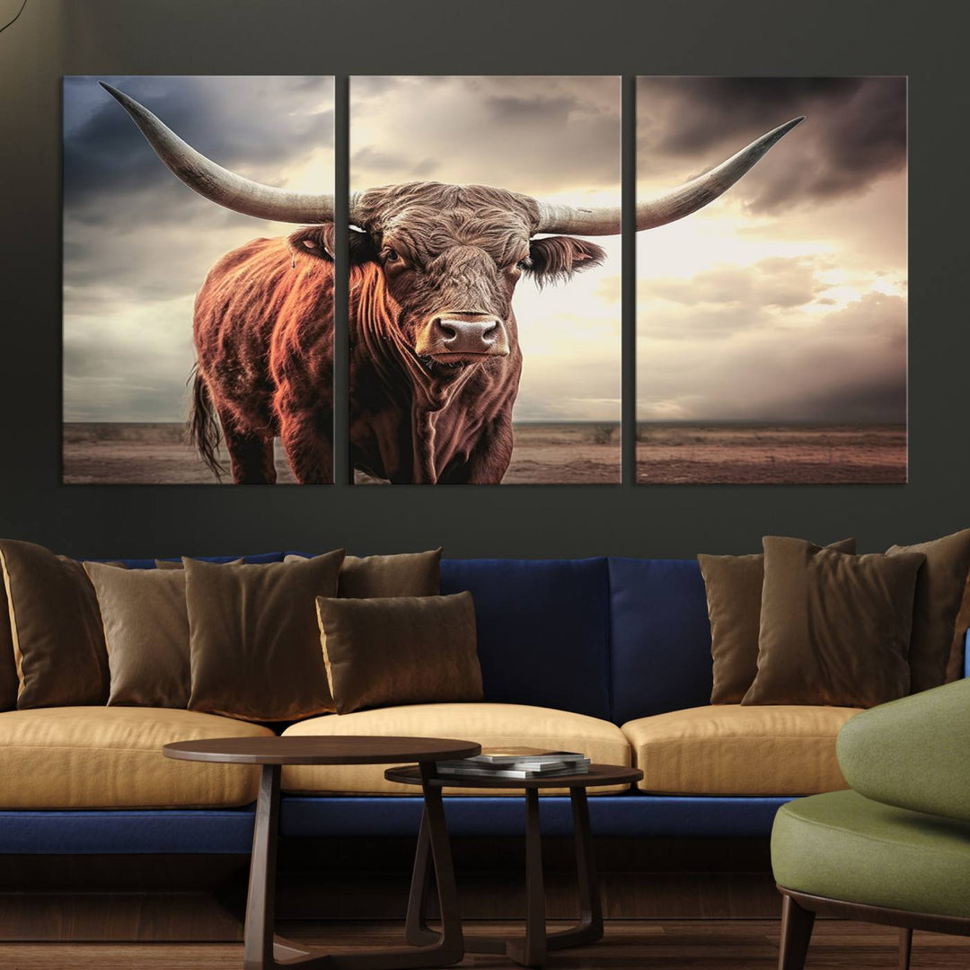 Cow Bighorn Wall Art Canvas Print, Longhorn Texas Large Cow Animal Canvas Print