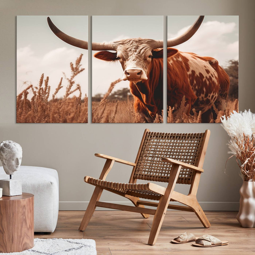 Cow Bighorn Wall Art Canvas Print, Longhorn Texas Large Cow Animal Canvas Print