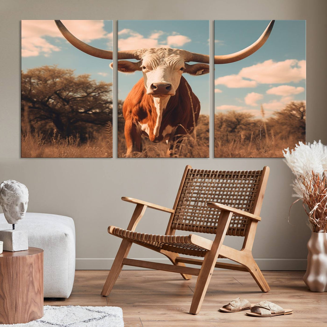 Cow Bighorn Wall Art Canvas Print, Longhorn Texas Large Cow Animal Canvas Print