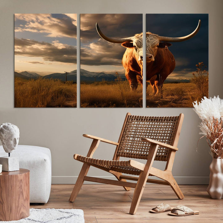 Cow Bighorn Wall Art Canvas Print, Longhorn Texas Large Cow Animal Canvas Print