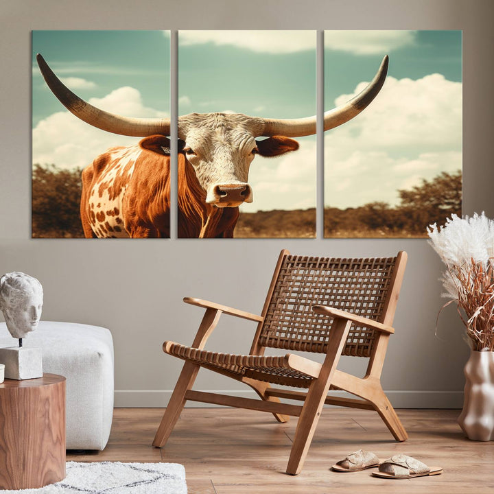 Cow Bighorn Wall Art Canvas Print, Longhorn Texas Large Cow Animal Canvas Print