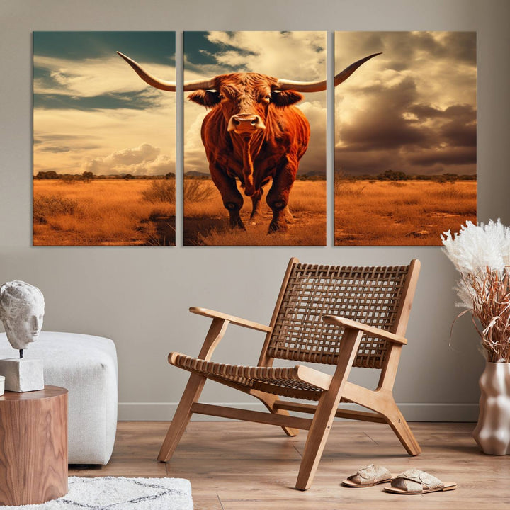 Cow Bighorn Wall Art Canvas Print, Longhorn Texas Large Cow Animal Canvas Print