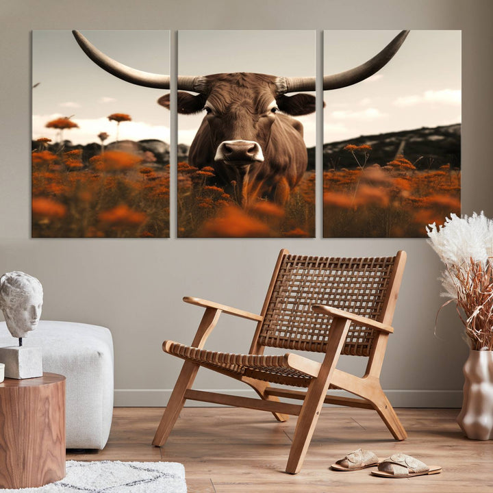 Cow Bighorn Wall Art Canvas Print, Longhorn Texas Large Cow Animal Canvas Print