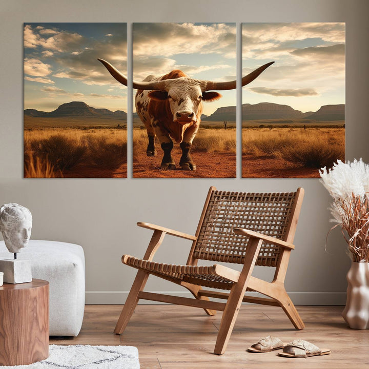 Cow Bighorn Wall Art Canvas Print, Longhorn Texas Large Cow Animal Canvas Print