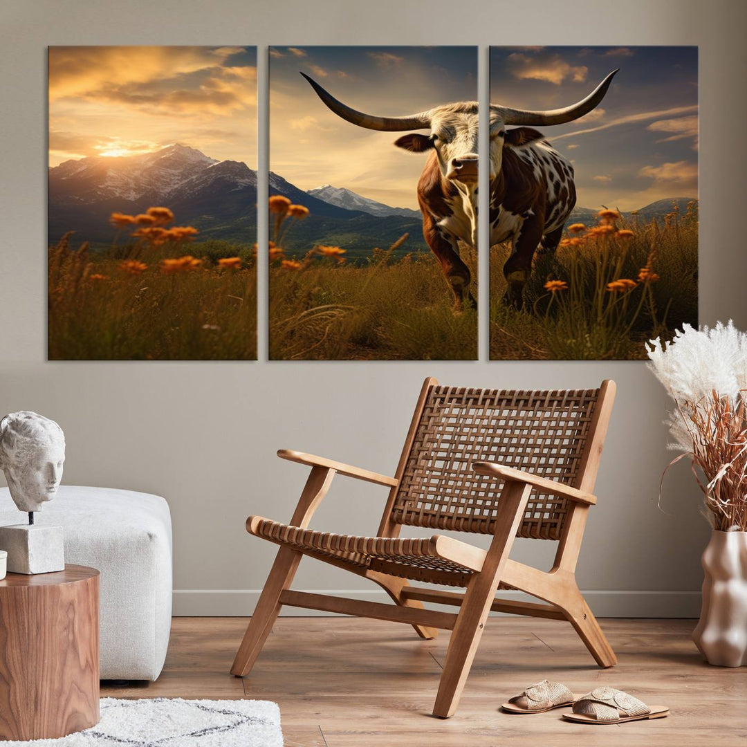 Cow Bighorn Wall Art Canvas Print, Longhorn Texas Large Cow Animal Canvas Print