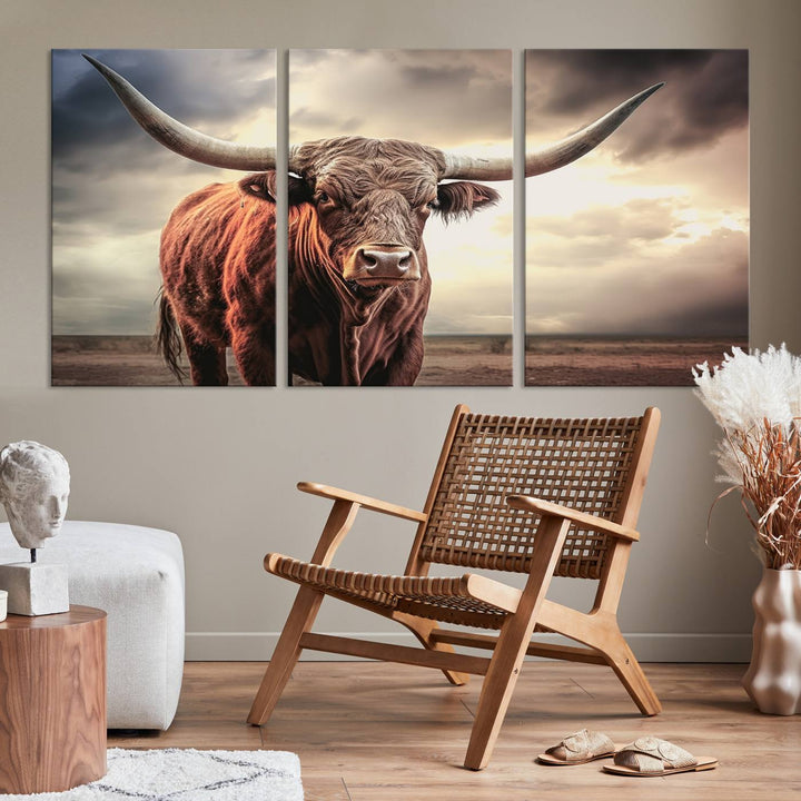 Cow Bighorn Wall Art Canvas Print, Longhorn Texas Large Cow Animal Canvas Print