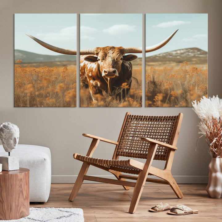 Cow Bighorn Wall Art Canvas Print, Longhorn Texas Large Cow Animal Canvas Print