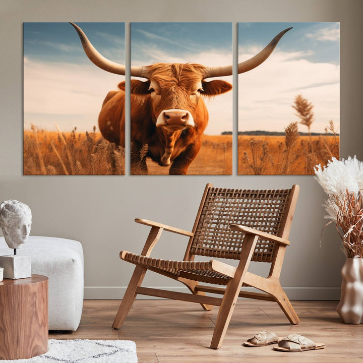 Cow Bighorn Wall Art Canvas Print, Longhorn Texas Large Cow Animal Canvas Print