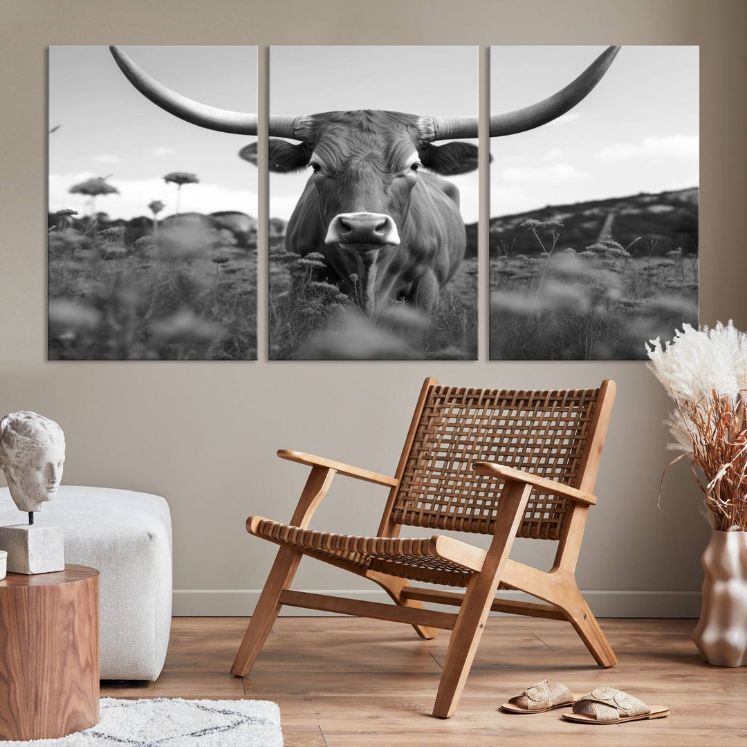 Cow Bighorn Wall Art Canvas Print, Longhorn Texas Large Cow Animal Canvas Print