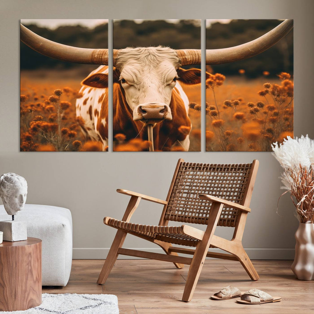 Cow Bighorn Wall Art Canvas Print, Longhorn Texas Large Cow Animal Canvas Print