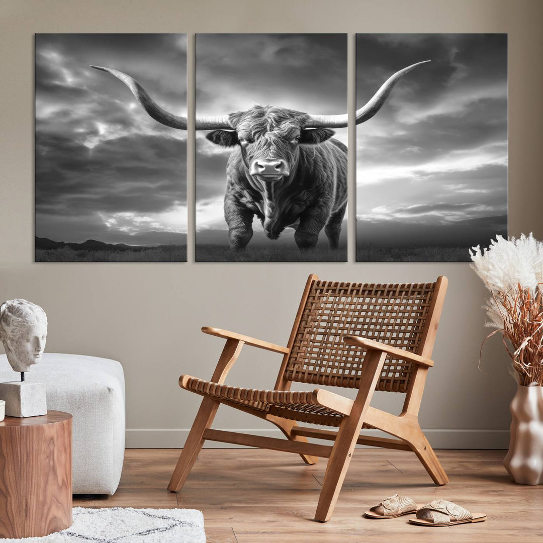 Cow Bighorn Wall Art Canvas Print, Longhorn Texas Large Cow Animal Canvas Print