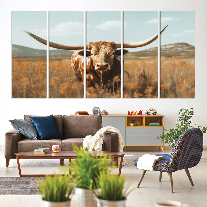 Cow Bighorn Wall Art Canvas Print, Longhorn Texas Large Cow Animal Canvas Print