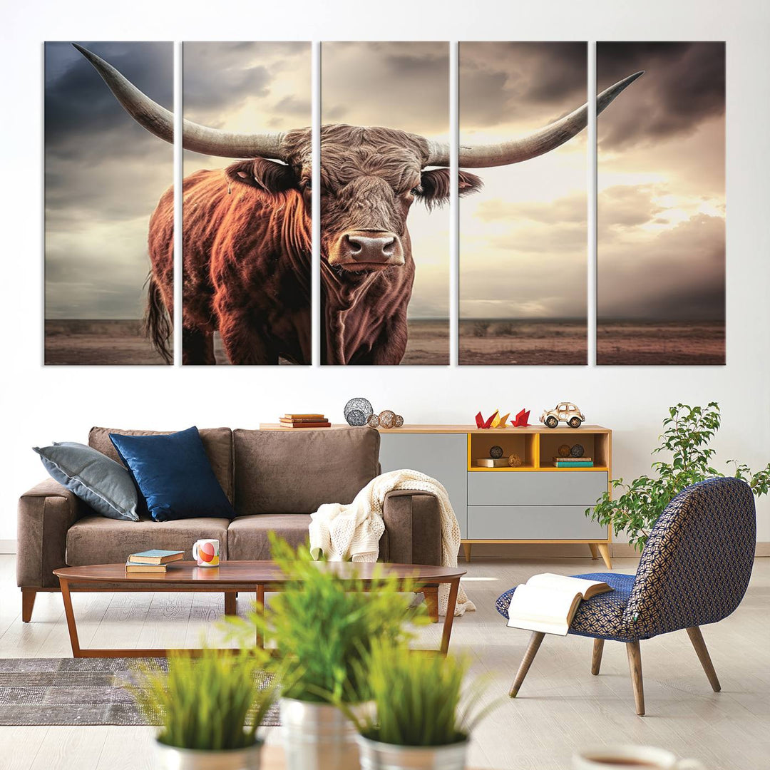 Cow Bighorn Wall Art Canvas Print, Longhorn Texas Large Cow Animal Canvas Print