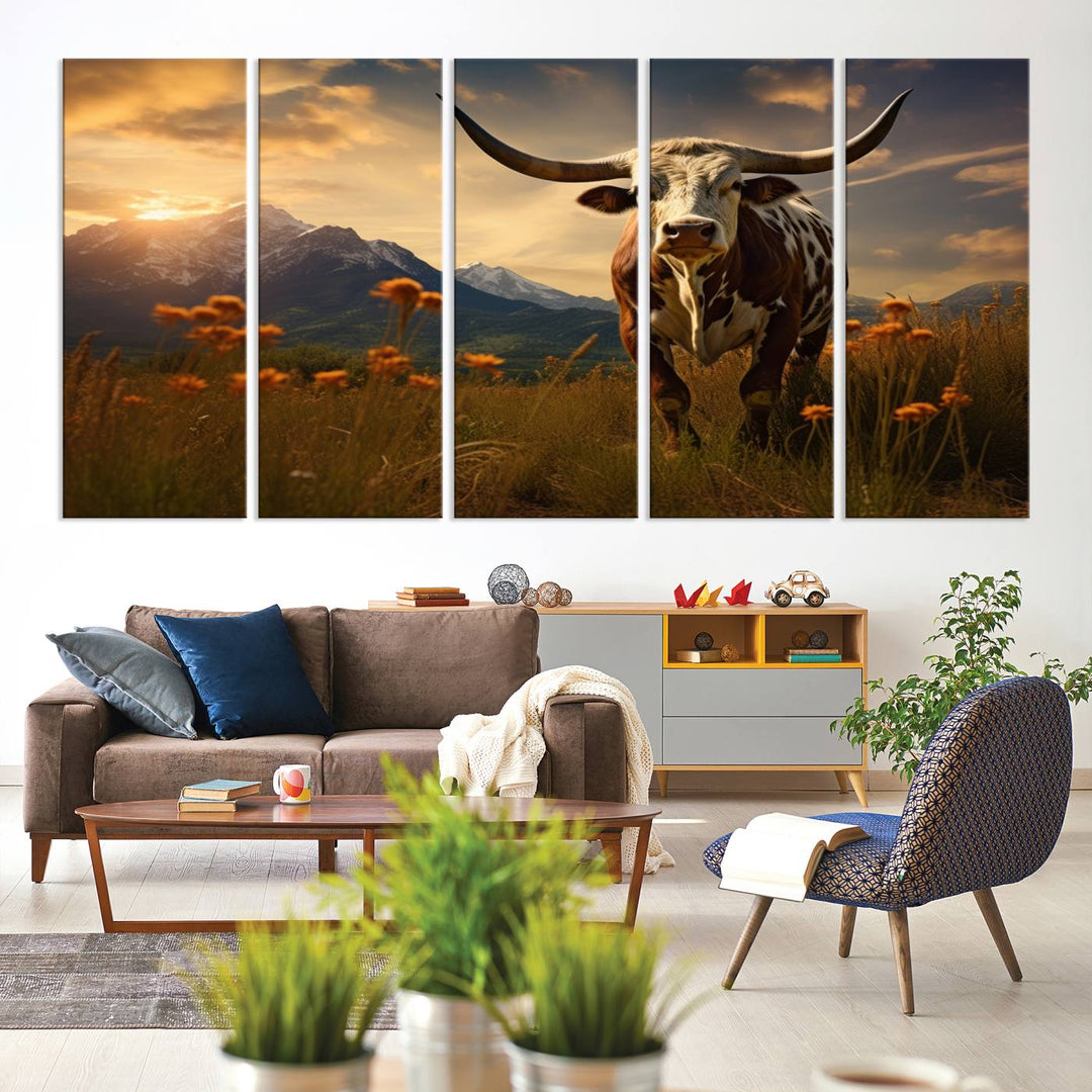 Cow Bighorn Wall Art Canvas Print, Longhorn Texas Large Cow Animal Canvas Print