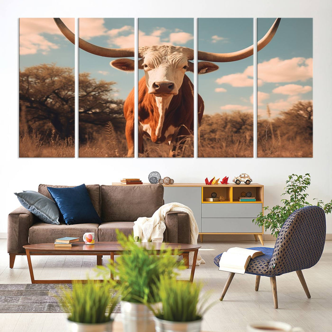 Cow Bighorn Wall Art Canvas Print, Longhorn Texas Large Cow Animal Canvas Print