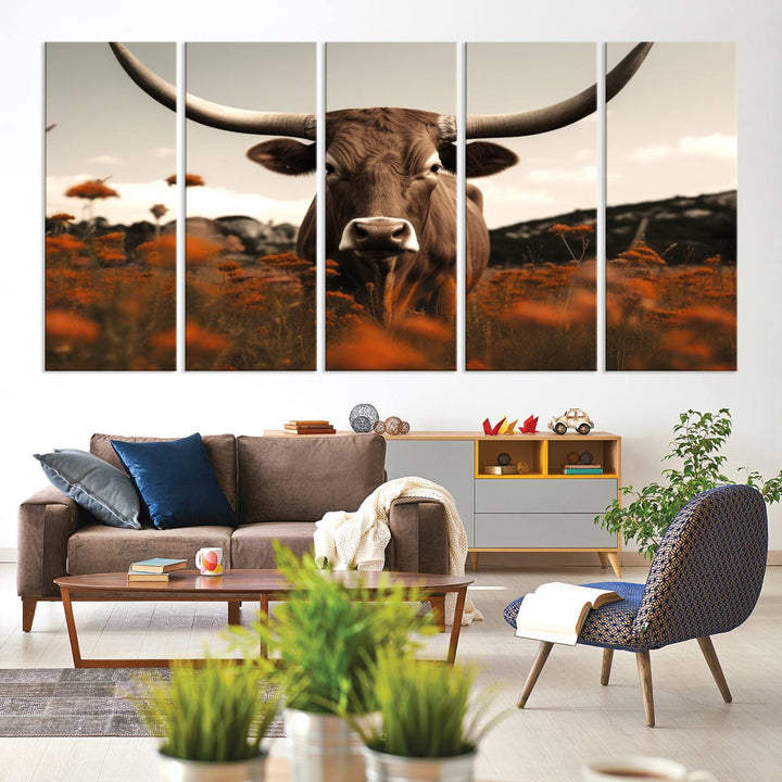 Cow Bighorn Wall Art Canvas Print, Longhorn Texas Large Cow Animal Canvas Print