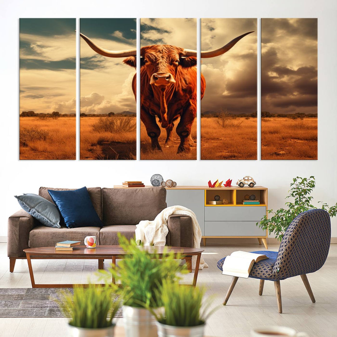 Cow Bighorn Wall Art Canvas Print, Longhorn Texas Large Cow Animal Canvas Print