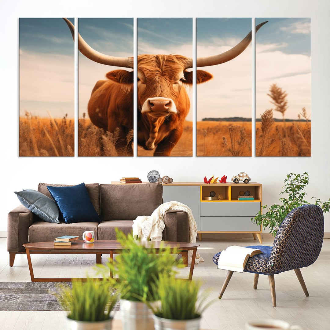 Cow Bighorn Wall Art Canvas Print, Longhorn Texas Large Cow Animal Canvas Print