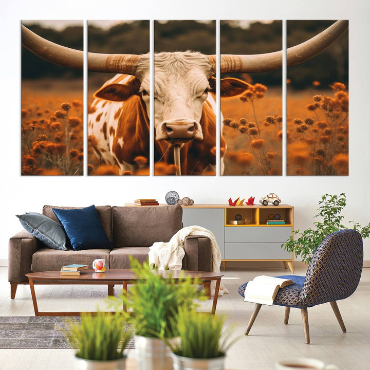 Cow Bighorn Wall Art Canvas Print, Longhorn Texas Large Cow Animal Canvas Print