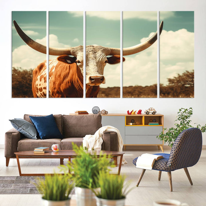 Cow Bighorn Wall Art Canvas Print, Longhorn Texas Large Cow Animal Canvas Print