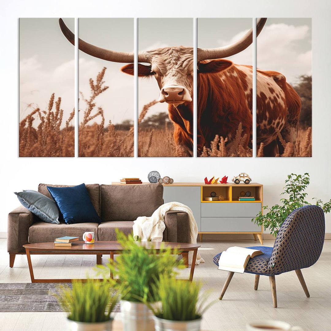 Cow Bighorn Wall Art Canvas Print, Longhorn Texas Large Cow Animal Canvas Print