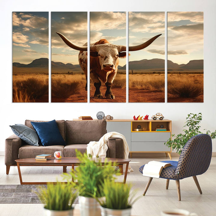 Cow Bighorn Wall Art Canvas Print, Longhorn Texas Large Cow Animal Canvas Print