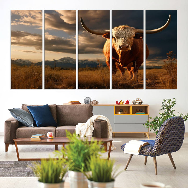 Cow Bighorn Wall Art Canvas Print, Longhorn Texas Large Cow Animal Canvas Print