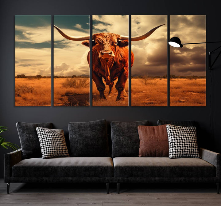 Cow Bighorn Wall Art Canvas Print, Longhorn Texas Large Cow Animal Canvas Print