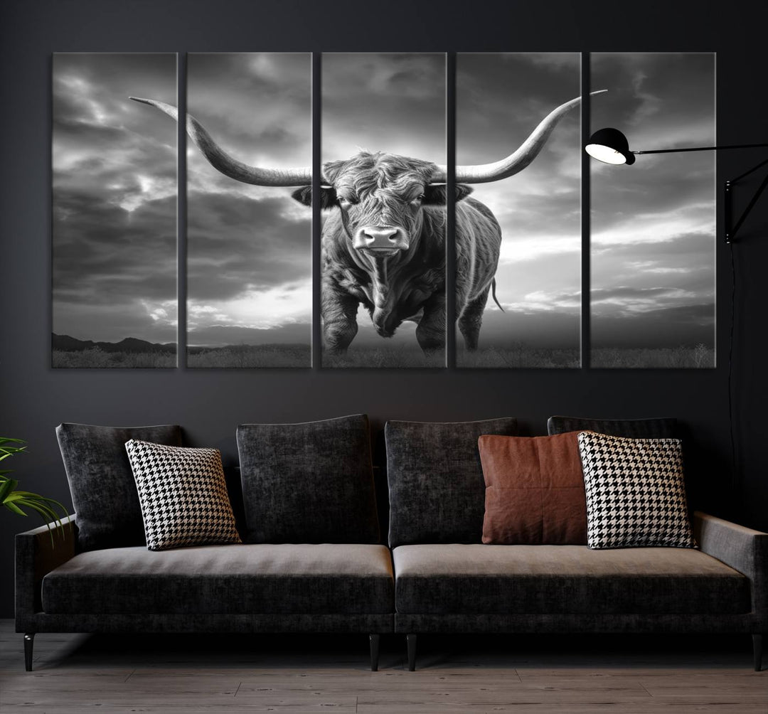 Cow Bighorn Wall Art Canvas Print, Longhorn Texas Large Cow Animal Canvas Print