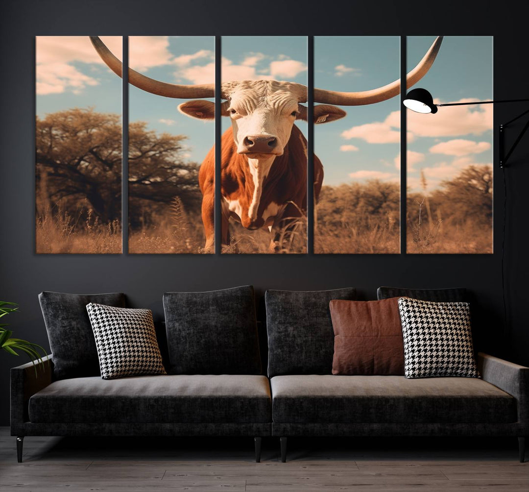 Cow Bighorn Wall Art Canvas Print, Longhorn Texas Large Cow Animal Canvas Print