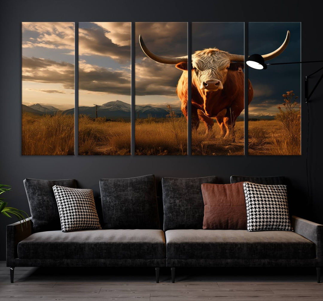 Cow Bighorn Wall Art Canvas Print, Longhorn Texas Large Cow Animal Canvas Print