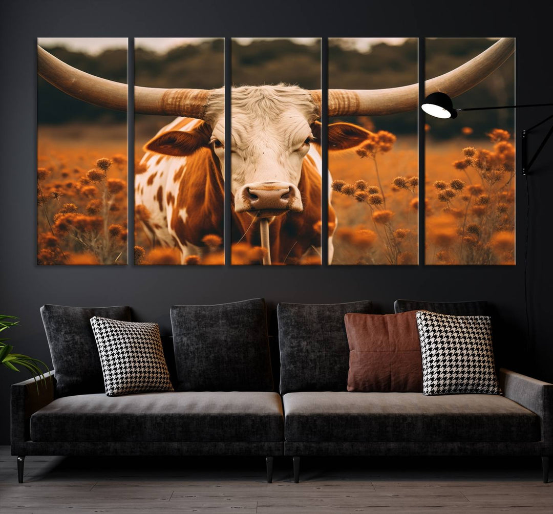 Cow Bighorn Wall Art Canvas Print, Longhorn Texas Large Cow Animal Canvas Print