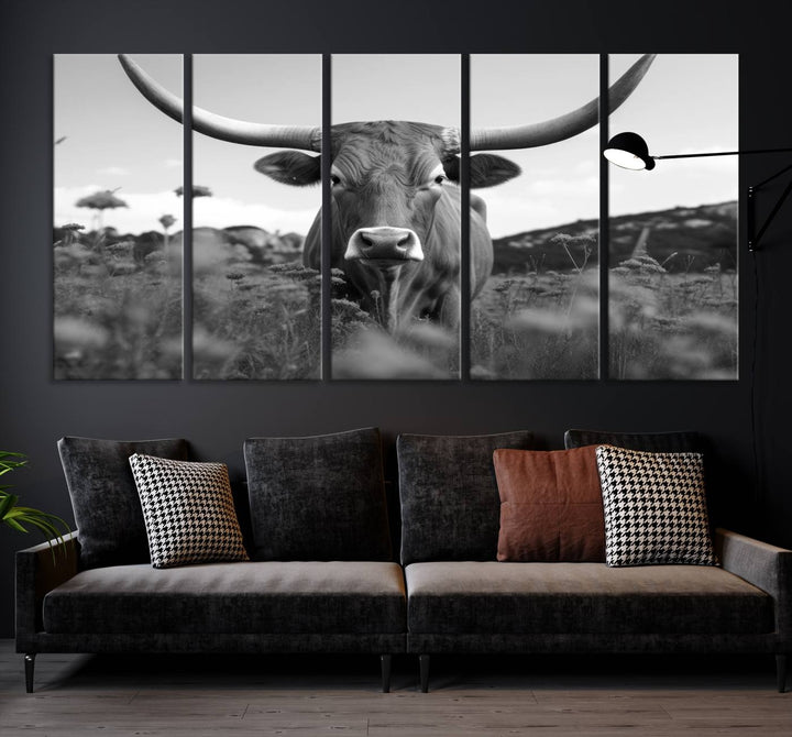 Cow Bighorn Wall Art Canvas Print, Longhorn Texas Large Cow Animal Canvas Print