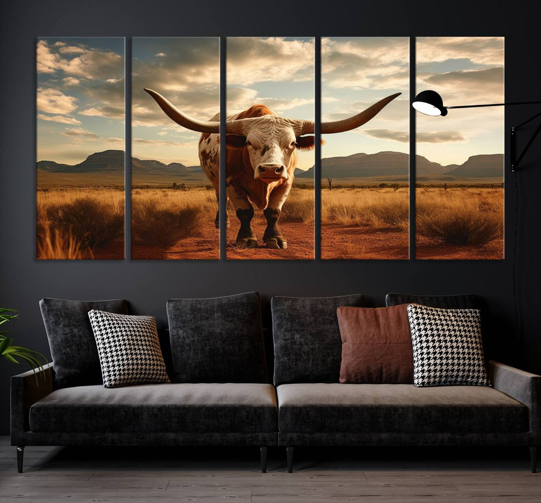 Cow Bighorn Wall Art Canvas Print, Longhorn Texas Large Cow Animal Canvas Print