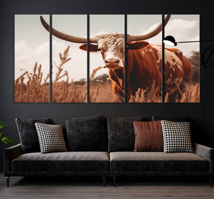 Cow Bighorn Wall Art Canvas Print, Longhorn Texas Large Cow Animal Canvas Print