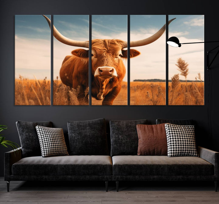 Cow Bighorn Wall Art Canvas Print, Longhorn Texas Large Cow Animal Canvas Print