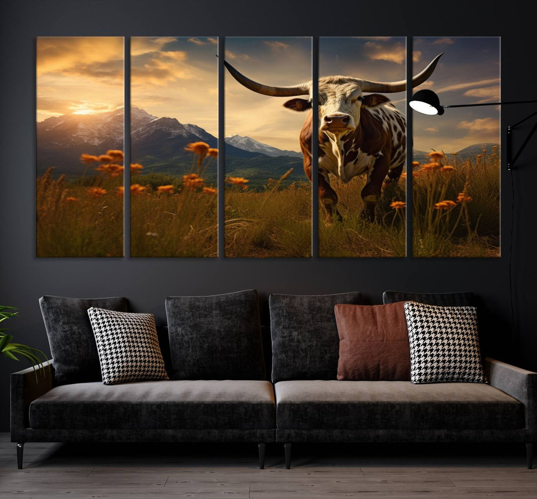 Cow Bighorn Wall Art Canvas Print, Longhorn Texas Large Cow Animal Canvas Print