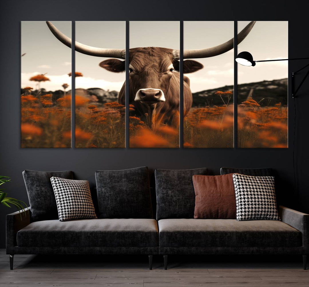 Cow Bighorn Wall Art Canvas Print, Longhorn Texas Large Cow Animal Canvas Print