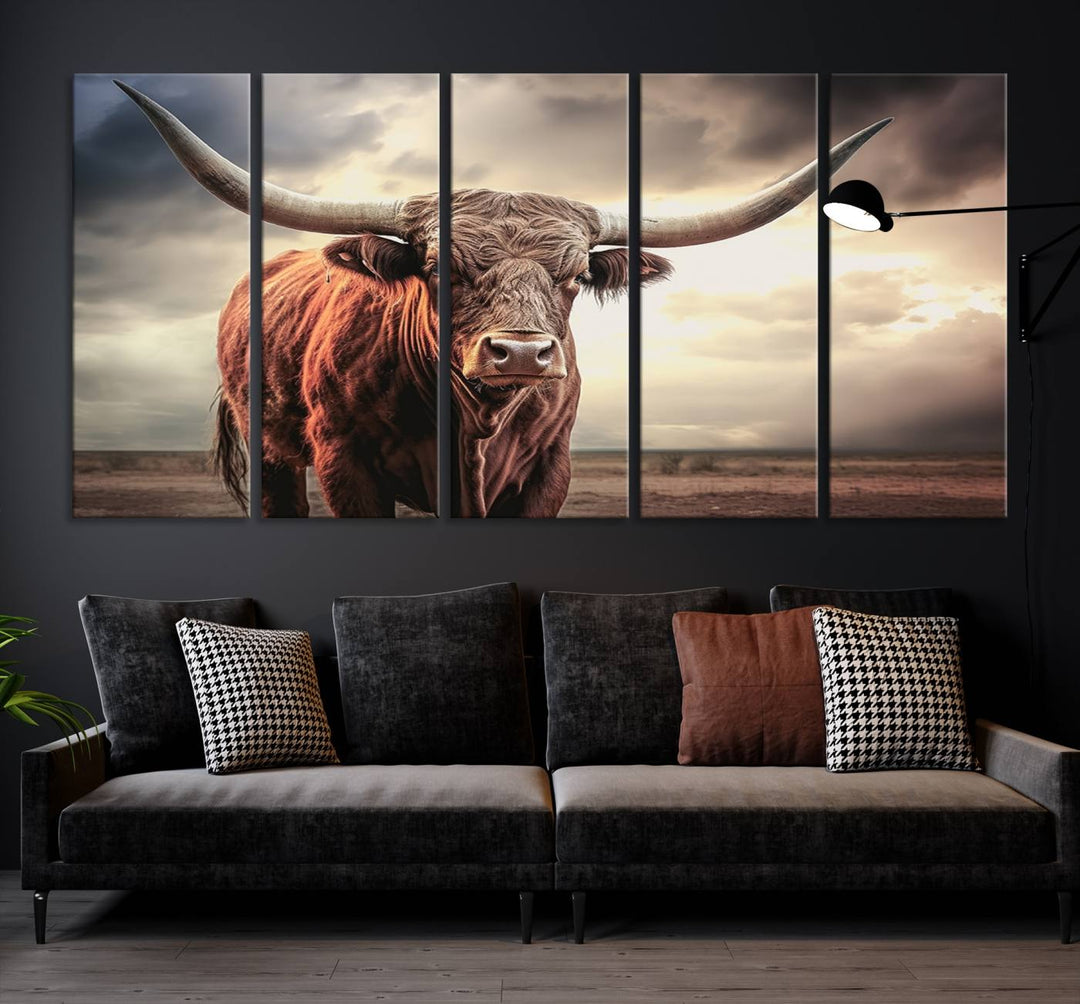 Cow Bighorn Wall Art Canvas Print, Longhorn Texas Large Cow Animal Canvas Print