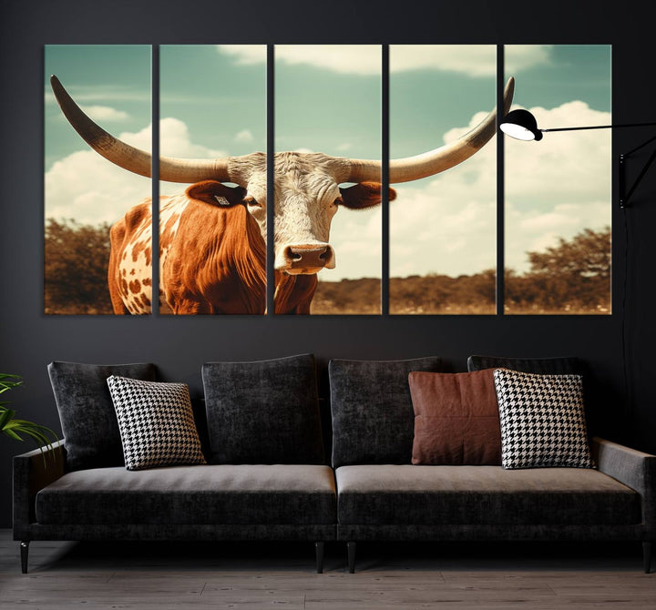 Cow Bighorn Wall Art Canvas Print, Longhorn Texas Large Cow Animal Canvas Print