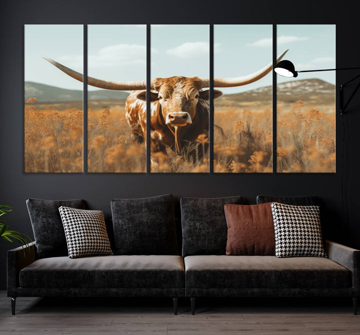 Cow Bighorn Wall Art Canvas Print, Longhorn Texas Large Cow Animal Canvas Print