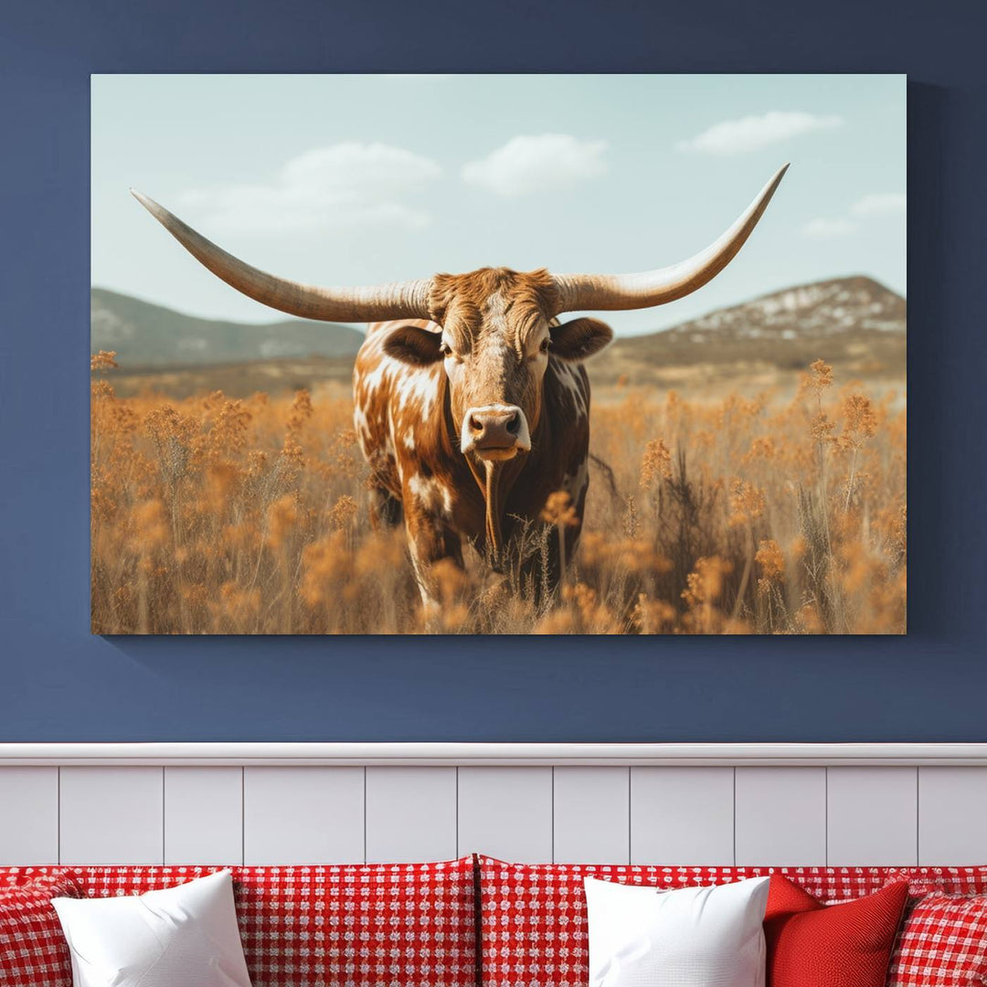 Cow Bighorn Wall Art Canvas Print, Longhorn Texas Large Cow Animal Canvas Print