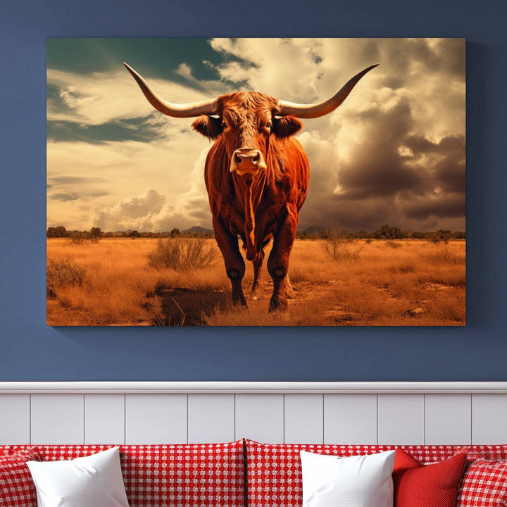 Cow Bighorn Wall Art Canvas Print, Longhorn Texas Large Cow Animal Canvas Print