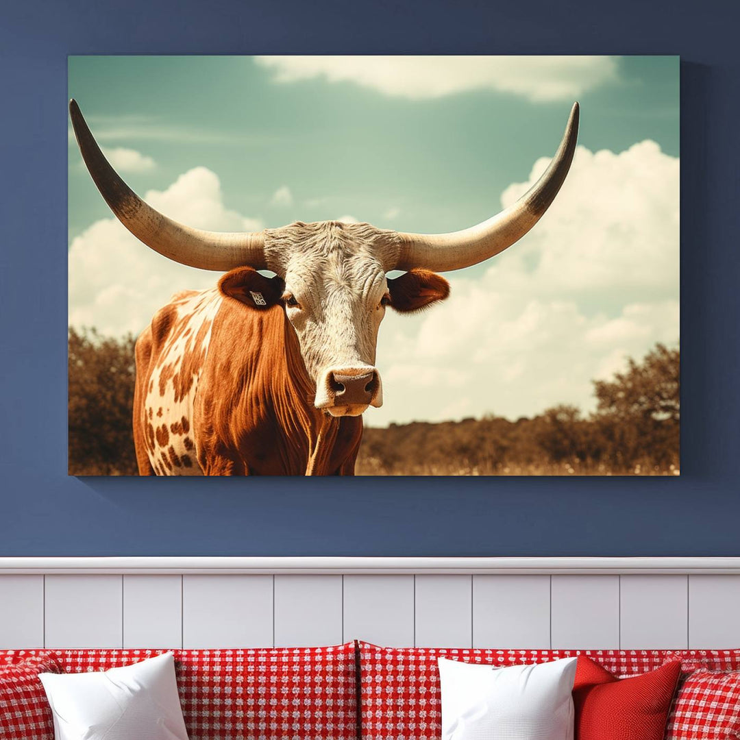 Cow Bighorn Wall Art Canvas Print, Longhorn Texas Large Cow Animal Canvas Print