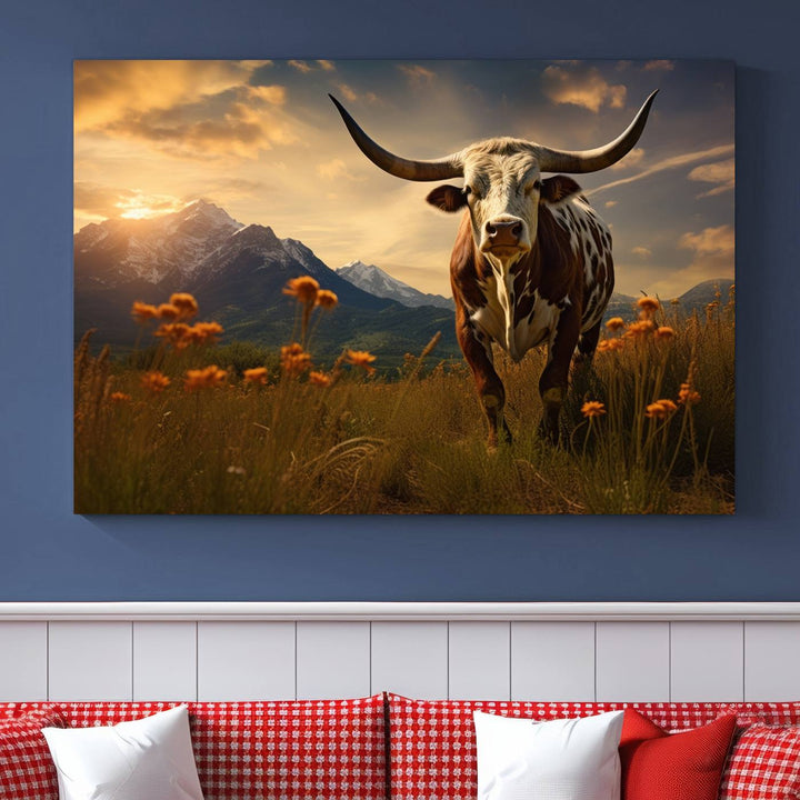 Cow Bighorn Wall Art Canvas Print, Longhorn Texas Large Cow Animal Canvas Print