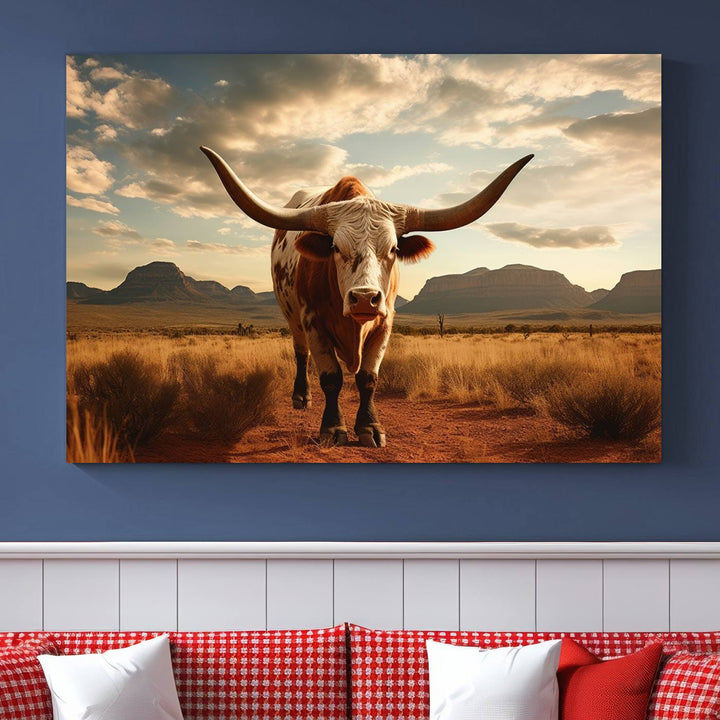 Cow Bighorn Wall Art Canvas Print, Longhorn Texas Large Cow Animal Canvas Print