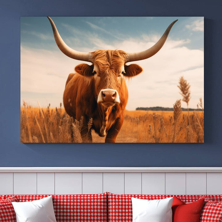 Cow Bighorn Wall Art Canvas Print, Longhorn Texas Large Cow Animal Canvas Print