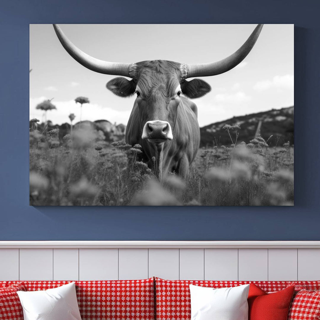 Cow Bighorn Wall Art Canvas Print, Longhorn Texas Large Cow Animal Canvas Print