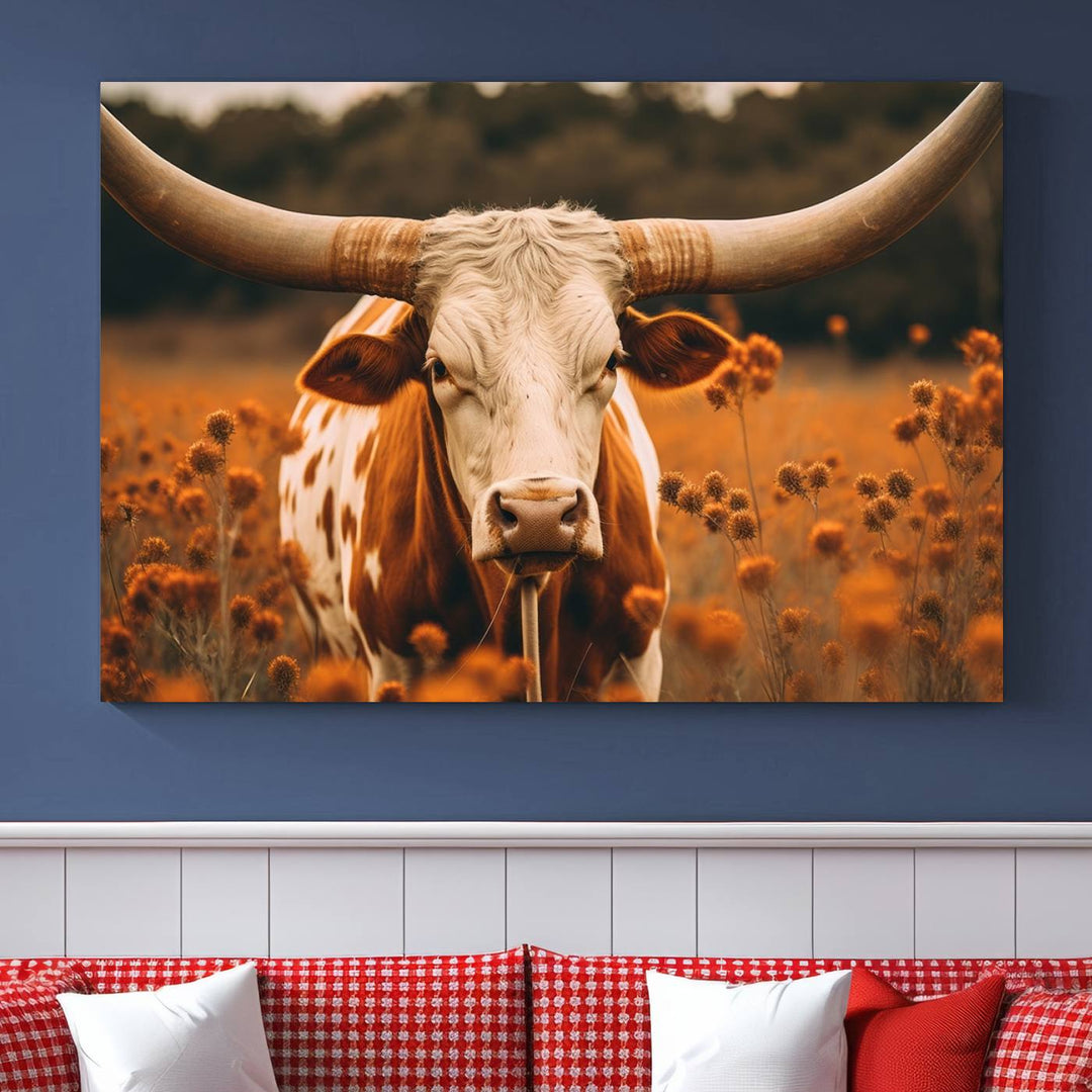 Cow Bighorn Wall Art Canvas Print, Longhorn Texas Large Cow Animal Canvas Print