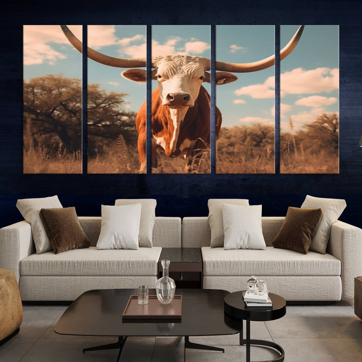 Cow Bighorn Wall Art Canvas Print, Longhorn Texas Large Cow Animal Canvas Print